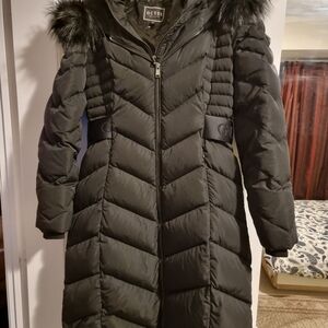 GUESS Black Long Quilted Puffer Coat with Faux Fur Hood